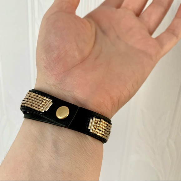 Hand beaded gold and leather adjustable bracelet - Picture 7 of 8